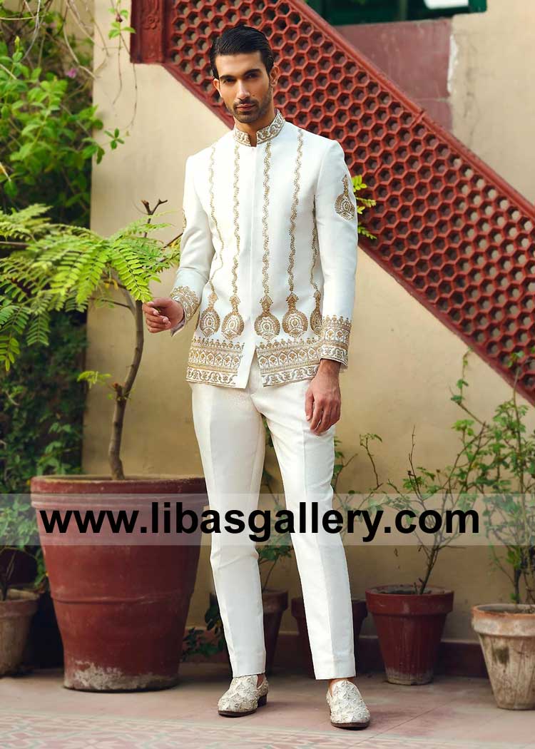 Luxury Off White Prince Coat with Delicate Gold Motifs